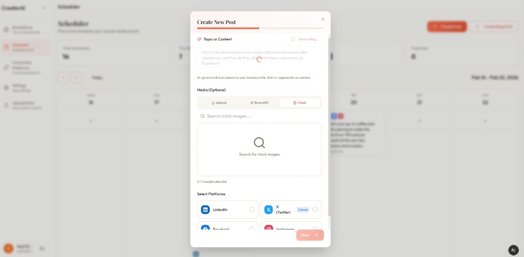 Create New Post modal with AI topic and media options