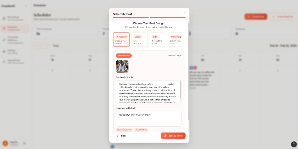 Schedule Post modal with design styles and caption